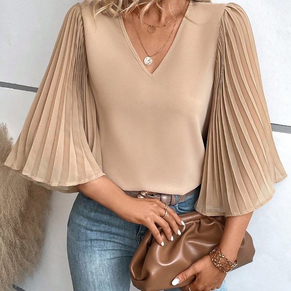 Khaki Stripe Double Ruffled Short Sleeve V Neck Blouse main image 0